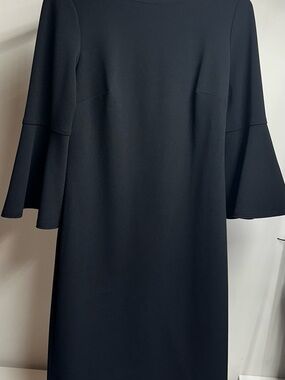 Calvin Klein Black Bell Sleeve Sheath Dress Boat Neck Zip Knee Length Polyester